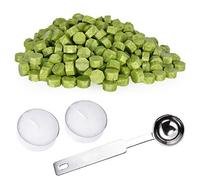 Sealing Wax Beads Set 310 Pieces Octagon Wax Seal Beads with 1PC Melting Spoon and 2Pcs Tea Candles for Wax Seal Stamp - Green
