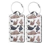 Seals Illustration Sea Lion,Luggage Tags Pu Leather Name Tag Travel Suitcase Identifier ID Tags Durable Luggage Label 2 pcs