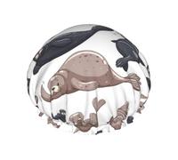 Seals Illustration Sea Lion,Shower Cap Nightcap Double Layer Waterproof Elastic Bath Cap Reusable Hair Cap