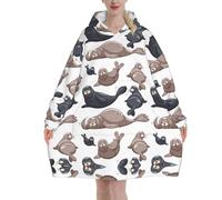 Seals Illustration Sea Lion,Women's Oversized Wearable Blanket Hoodie, Blanket Sweatshirt,Flannel Pullover Blanket