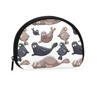 Seals Illustration Sea Lion, Women's Storage Bag Shell Makeup Bag Small Coin Purse Shell Change Pouch