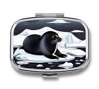 Seals on Ice Pill Box 2 Compartment, Portable Pill Case with Mirror for Pocket Purse Travel, Mini Metal Medicine Organizer for Vitamins Fish Oil