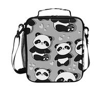 Seamless Black White Cute Panda with Hearts on Grey Lunch Bags Lunch Cooler Bag, Crossbody Insulated Lunch Box, Reusable Tote Shoulder Bag for Outdoor Picnic Travel Work School