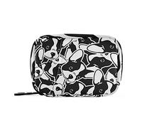 Seamless Black White Doodle Dog Head French Bulldog Puppy Face Pill Case with Removable Internal Plastic Boxes Organizer, Zippered Carrier Small Medicine Bag Holder, Travel Storage Container