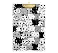 Seamless Black White Grey Doodle Cat Kitten Heads Animal Pets TexturePlastic Clipboard A4 Letter Size PVC Writing Board with Low Profile Gold Metal Clip Hardboard for School, Office 12.5x9 Inch