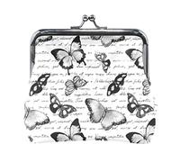 Seamless Blue Butterflies on Hand Written Text Note Old Newspaper Women Leather Mini Buckle Coin Purse, Clasp Kiss Lock Closure Card Key Change Wallet for Women Girls Men Girl