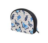 Seamless Blue Butterflies on Hand Written Text Note Old Newspaper Women's Shell Shape Cosmetic Makeup Bag, With Zipper Travel Toiletry Bag, Colorful Storage Bag for Lady Girl 8 x 2.5 x 5.5 inch