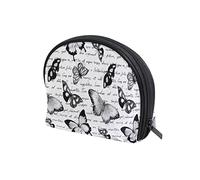 Seamless Blue Butterflies on Hand Written Text Note Old Newspaper Women's Shell Shape Cosmetic Makeup Bag, With Zipper Travel Toiletry Bag, Colorful Storage Bag for Lady Girl 8 x 2.5 x 5.5 inch