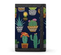 Seamless Cactus Cacti Plants Succulents with Flowers on Dark Blue Trifold Wallet, Stylish Purse With Keychain, Credit Pass Case Card-Holder for Crash Bills Receipts Women Men 5 x 3.3 x 0.2 Inch