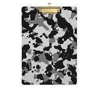 Seamless Camo Black Gray and White Camouflage PatternPlastic Clipboard A4 Letter Size PVC Writing Board with Low Profile Gold Metal Clip Hardboard for School, Office 12.5x9 Inch