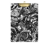 Seamless Car Steel Parts Monochrome Black and White Elements Plastic Clipboard A4 Letter Size PVC Writing Board with Low Profile Silver Metal Clip Hardboard for School, Office 12.5x9 Inch