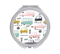 Seamless Cartoon Cars Road Hatches Zebra Crossing Folding Make Up Mirror, Compact 2X/1X Magnification Mirror, Women Portable Travel Makeup Mirror 2.4 x 2.4 inch