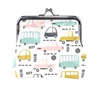 Seamless Cartoon Cars, Road Hatches, Zebra Crossing on White Women Leather Mini Buckle Coin Purse, Clasp Kiss Lock Closure Card Key Change Wallet for Women Girls Men Girl