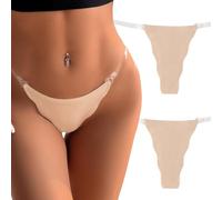 Seamless Cheeky Thongs for Women Soft Elastic Low Waist Briefs Clear Spaghetti Straps Light Weight Basic Panties Flesh M