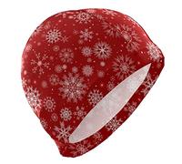 Seamless Christmas and New Year Festive White Snowflakes on Red Men Swimming Cap, Unisex Adult Elastic Breathable Hat for Boys, Quick Dry Women Bathing Short/Long Hair Cap Easy to Put on/Off
