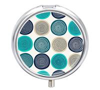 Seamless Circles Turquoise Blue Brown on White Vintage Style Iron Pill Box Case Organizer with Internal Separate Plastic Dividers, Travel Small Medicine Bag Holder Carrier Round Container