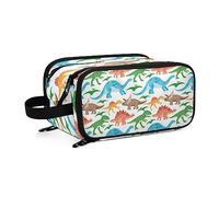 Seamless Colorful Cute Dinosaurs Animals on White Women's Portable Makeup Bag with Handle, Cosmetic Bag, Travel Cosmetic Bag Durable Toiletry Storage Organizer 11 x 7 x 5.7 inch