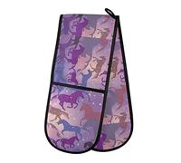 Seamless Colorful Horses Shiny Stars Sparks on Purple Double Oven Mitt Gloves Extra Long Potholder High Heat Resistant for Baking Cooking Baking Grilling Handling Hots Pans 35"x7"