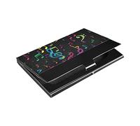 Seamless Colorful Melody Musical Notes on Dark Black Business Card Holder Leather, Slim Credit Card Case Stainless Steel Wallet for Women and Men Unisex Business Card Holder