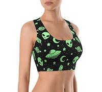 Seamless Comfortable Sports Bras for Women Longline Padded Bra Yoga Crop Tank Tops Fitness Workout Running Top, Green Alien Ufo Moon, L