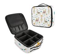 Seamless Cute Beige Tribal Ethnic llamas on White Women's Portable Makeup Bags with Handle, Adjustable Dividers, Travel Cosmetic Toiletry Accessories Storage Organizer for Girls