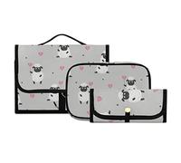 Seamless Cute Black White Sheep with Pink Hearts on Grey 3 PCs Set Toiletry bags, 1 Women's Travel Cosmetic Bag, 1 Hanging Toiletry Wash Bag, 1 Brush Case, Portable Makeup Storage Case