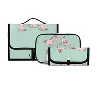 Seamless Cute Cartoon Pink Fairytale Unicorn Horse on Turquoise 3 PCs Set Toiletry bags, 1 Women's Travel Cosmetic Bag, 1 Hanging Toiletry Wash Bag, 1 Brush Case, Portable Makeup Storage Case