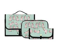 Seamless Cute Cartoon Pink Fairytale Unicorn Horse on Turquoise 3 PCs Set Toiletry bags, 1 Women's Travel Cosmetic Bag, 1 Hanging Toiletry Wash Bag, 1 Brush Case, Portable Makeup Storage Case