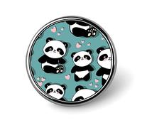 Seamless Cute Panda with Pink Hearts on Turquoise Round Brooch Pin, Unisex Smooth Lapel Tie Pin, Lightweight Badge Jewelry Crafts Decor for Costume Accessory Men Women