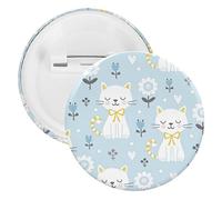 Seamless Cute White Kittens Cats with Flowers on Light Blue 1 PC Round Tinplate Badge, Badge Lapel Tie Pin, Lightweight Button Badge for Women Men Office Worker Teacher Student Decor