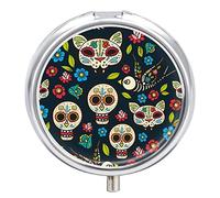 Seamless Day of The Dead Traditional Colorful Mexico Skulls Iron Pill Box Case Organizer with Internal Separate Plastic Dividers, Travel Small Medicine Bag Holder Carrier Round Container
