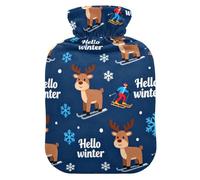 Seamless Deer and Snowflake Navy Blue Travel hot Water Bottle with Soft Cover, 2L Warm Water Bottle for Bed for Period Cramps, Tummy Warmer, Bolsa de agua Caliente para el Dolor