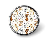 Seamless Different Brown Grey Cartoon Dogs Dog Paws Bones on White Round Brooch Pin, Unisex Smooth Surface Lapel Tie Pin, Lightweight Badge Jewelry Crafts Decor for Costume Accessory Men Women