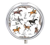 Seamless English Style Horse Riders on Landscape with White Pattern Custom Round Pill Case, Portable Small Pill Case, Durable Pill Box, Button Closure Pill Holder for Man Woman Travel Storage