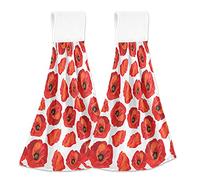 Seamless Floral Red Poppies Summer Floral Pattern on White 2 PCs Hanging Kitchen Hand Towel, Dish Dishcloth Towels with Hanging Loop, Absorbent Tea Bar Bath Tie Towel for Tabletop Kitchen