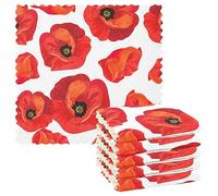 Seamless Floral Red Poppies Summer Floral Pattern on White 6 Set Kitchen Dish Towels, Washcloths Cleaning Cloths Dish Cloths, Absorbent Towels Lint Free Bar Tea Soft Waffle Towel 11"x11"