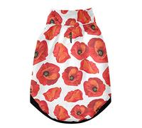 Seamless Floral Red Poppies Summer Floral Pattern on White Pet Winter Vest Coat with Hanging Holes, Windproof Fleece Extra Warm Dog Cat Jacket Sweater Clothes Apparel for Cold Weather S
