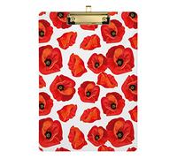Seamless Floral Red Poppies Summer Floral Pattern on WhitePlastic Clipboard A4 Letter Size PVC Writing Board with Low Profile Gold Metal Clip Hardboard for School, Office 12.5x9 Inch