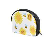Seamless Flying Cartoon Bees and Yellow Sunflowers on White Women's Shell Shape Cosmetic Makeup Bag, With Zipper Travel Toiletry Bag, Colorful Storage Bag for Lady Girl 8 x 2.5 x 5.5 inch