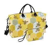 Seamless Geometric Bee Happy Good Luck Trendy Gold Large Travel Duffel Luggage Carry on Bag Gym Carry on Duffel Bags with Toiletry Bag for Travel Multifunctional