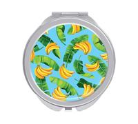 Seamless Green Banana Leaves and Bananas on Blue Folding Make Up Mirror, Compact 2X/1X Magnification Mirror, Women Portable Travel Makeup Mirror 2.4 x 2.4 inch