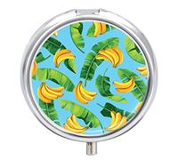 Seamless Green Banana Leaves and Bananas on Blue Iron Pill Box Case Organizer with Internal Separate Plastic Dividers, Travel Small Medicine Bag Holder Carrier Round Container