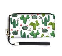 Seamless Green Cacti, Succulents and Floral Flowers on White Long Clutch Wallet, Long Handbag with Removable Wristlet Strap, PU Leather Zip Purse, Credit Pass Case Card-Holder for Men Women