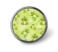 Seamless Green Frogs with flowers Toads White Lotus Flowers Round Brooch Pin, Unisex Smooth Surface Lapel Tie Pin, Lightweight Badge Jewelry Crafts Decor for Costume Accessory Men Women