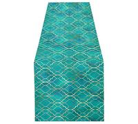 Seamless Green Teal Moroccan Tiles with Golden Gold Geometric 18" X 72" Rectangle Table Runner Long Tablecloth Placemat for Party Home Decor Indoor Outdoor Office Kitchen Dining Wedding