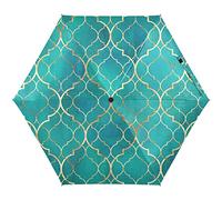 Seamless Green Teal Moroccan Tiles with Golden Gold Geometric 5 Folding Compact Pocket Windproof Umbrella, 6 Ribs Ultra-Light Foldable Vinyl Parasol, Small Mini Anti-UV Travel Umbrella