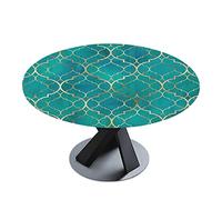 Seamless Green Teal Moroccan Tiles with Golden Gold Geometric Round Tablecloth with Elastic Edge, Washable Waterproof Table Cover Desk Cloth for Dining Indoor & Outdoor 40"-48" in Diameters