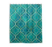 Seamless Green Teal Moroccan Tiles with Golden Gold Geometric Waterproof Shower Curtain, Machine Washable Polyester Cloth with 12 Hooks, No Smell Bath Tub Stall Curtain Liner 60"(W) x72(H)