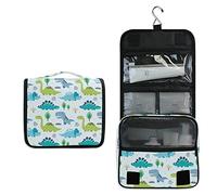 Seamless Green Turquoise Blue Dinosaurs Green Forest Trees on White Travel Cosmetic Bag, Hanging Toiletry Wash bag, Portable Makeup Organizer Brush Case, Storage Bag with Hook for Bathroom Toilet