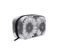 Seamless Grey White Sunflowers Texture in Vintage Retro Style Women's Cosmetic Makeup Bag, With Zipper Portable Travel Toiletry Storage Pouch Bag, Colorful Wallet Purse for Ladies Girls